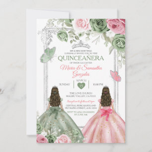 Sage Green And Pink Twin Quinceañera Butterfly Invitation