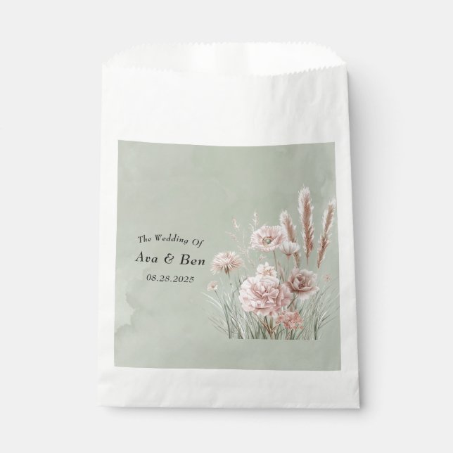Sage Green and Pink Wildflowers Wedding Favor Bag (Front)