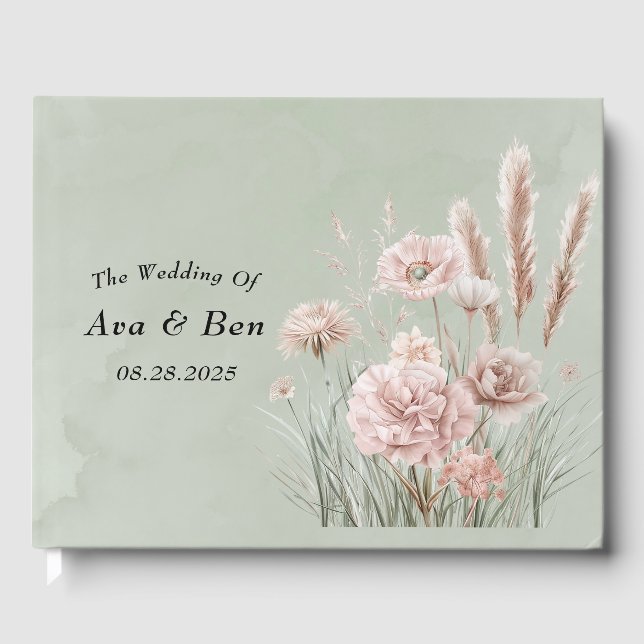 Sage Green and Pink Wildflowers Wedding Guest Book (Front)