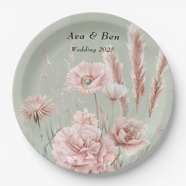Sage Green and Pink Wildflowers Wedding Paper Plates (Front)