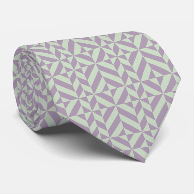 Sage Green and Plum Geometric Deco Cube Neck Tie (Rolled)