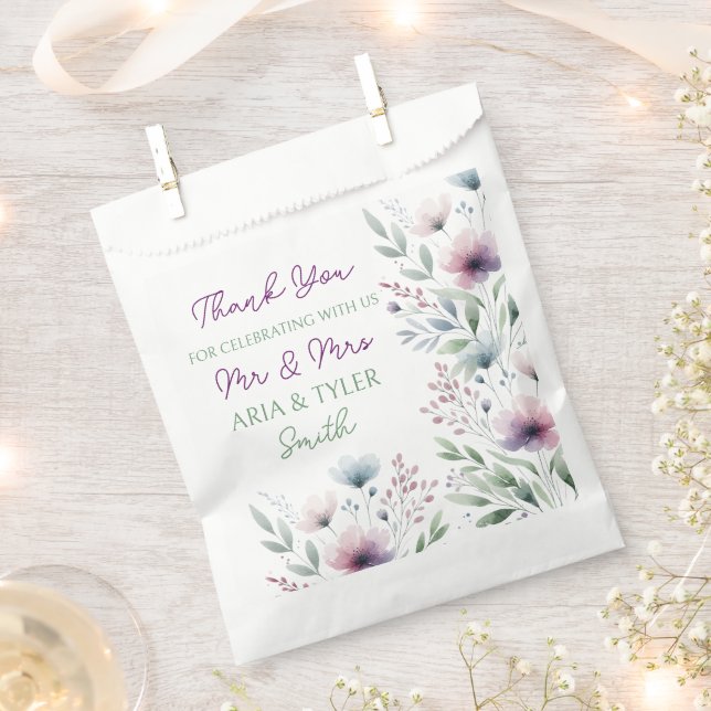 Sage Green and Plum Purple Botanical Wedding Favor Bag (Clipped)