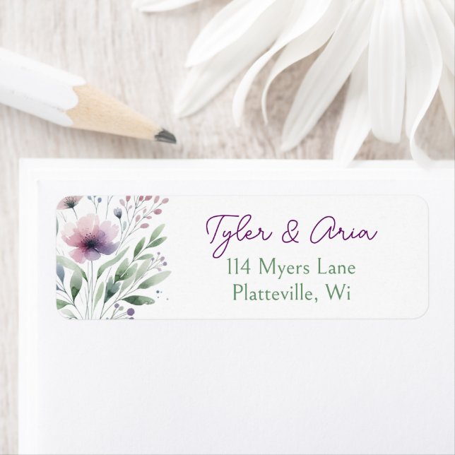 Sage Green and Plum Purple Botanical Wedding Label (Insitu)