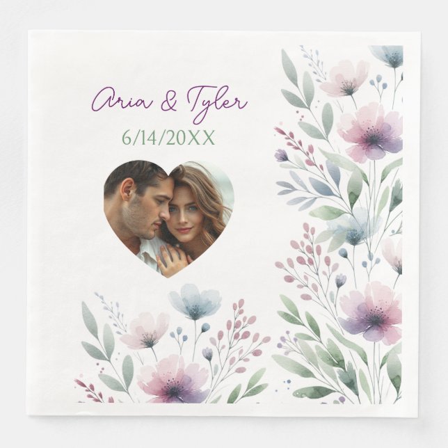 Sage Green and Plum Purple Botanical Wedding Paper Dinner Napkins (Front)