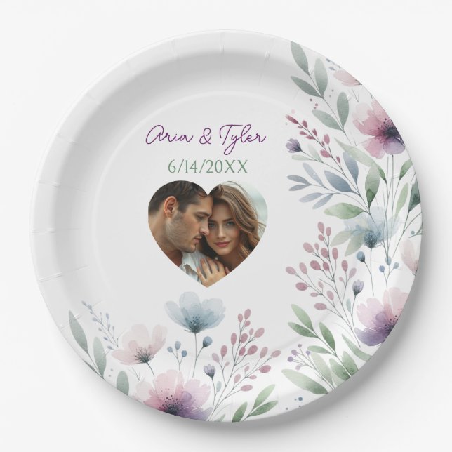 Sage Green and Plum Purple Botanical Wedding Paper Plates (Front)