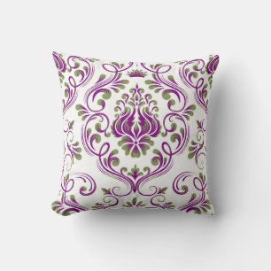 Sage Green and Purple Damask Floral Pattern Throw Pillow
