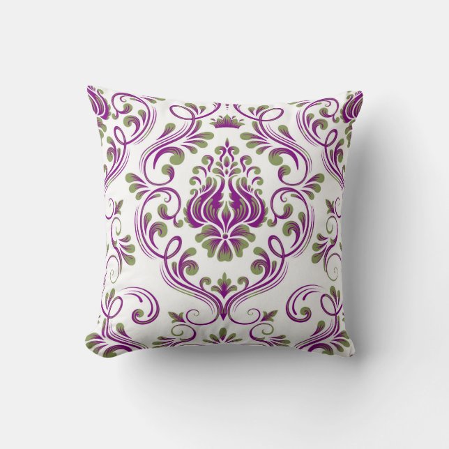 Sage Green and Purple Damask Floral Pattern Throw Pillow (Front)