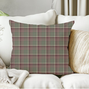 Sage Green and Purple Dark Berry Christmas Plaid Throw Pillow