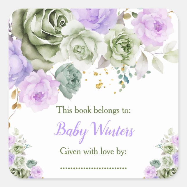 Sage Green and Purple Floral Baby Shower Bookplate (Front)