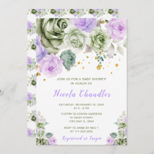 Sage Green and Purple Floral Baby Shower Invitation