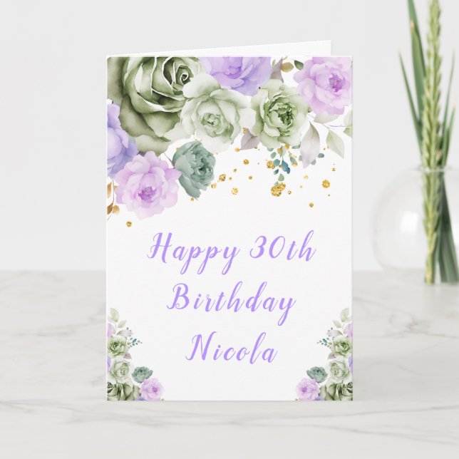 Sage Green and Purple Floral Birthday Card (Front)