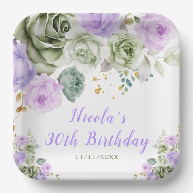 Sage Green and Purple Floral Birthday Paper Plates (Front)