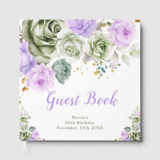 Sage Green and Purple Floral Birthday Party Guest Book (Front)