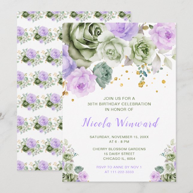 Sage Green and Purple Floral Birthday Party Invitation (Front/Back)
