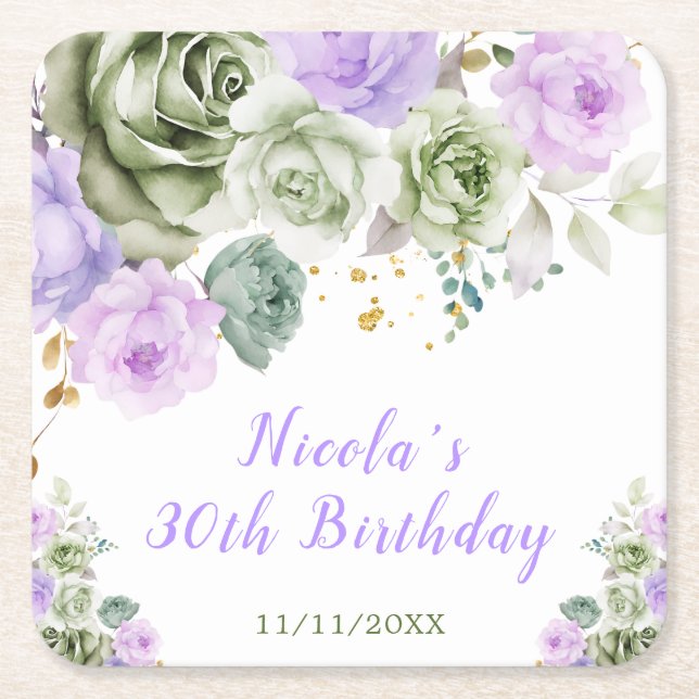 Sage Green and Purple Floral Birthday Party Square Paper Coaster (Front)