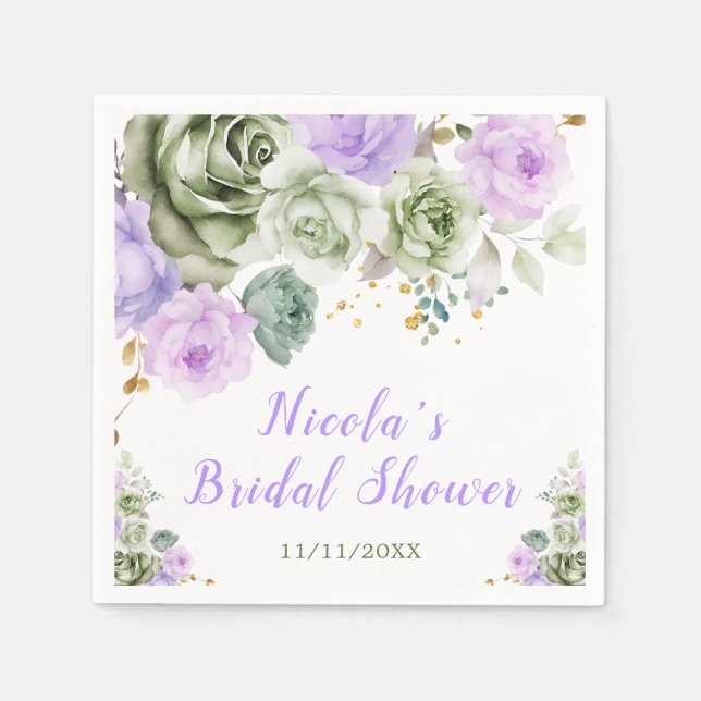 Sage Green and Purple Floral Bridal Shower Napkins (Front)