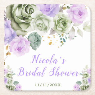 Sage Green and Purple Floral Bridal Shower Square Paper Coaster