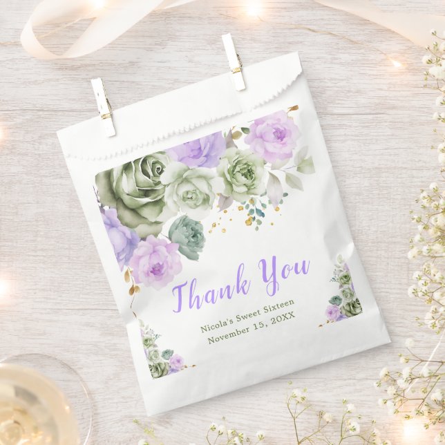 Sage Green and Purple Floral Sweet Sixteen Favor Bag (Clipped)