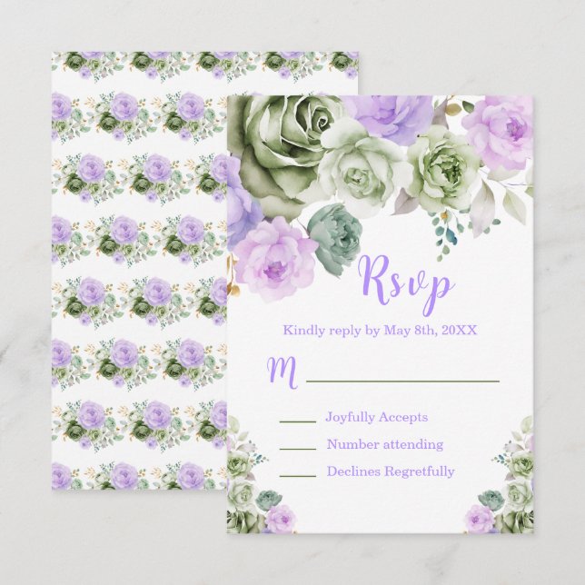 Sage Green and Purple Floral Sweet Sixteen RSVP Card (Front/Back)