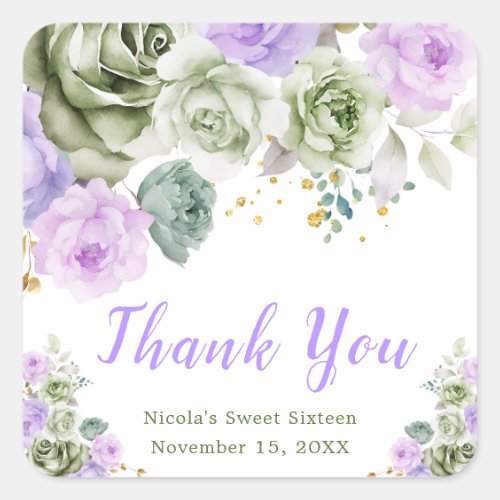 Sage Green and Purple Floral Sweet Sixteen Square Sticker