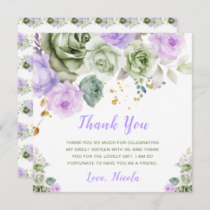Sage Green and Purple Floral Sweet Sixteen Thank You Card