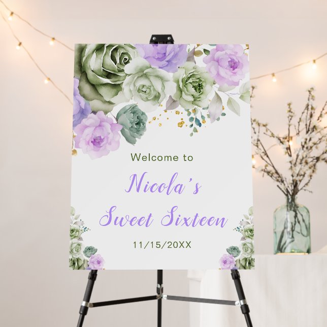 Sage Green and Purple Floral Sweet Sixteen Welcome Foam Board (In Situ (Stand))