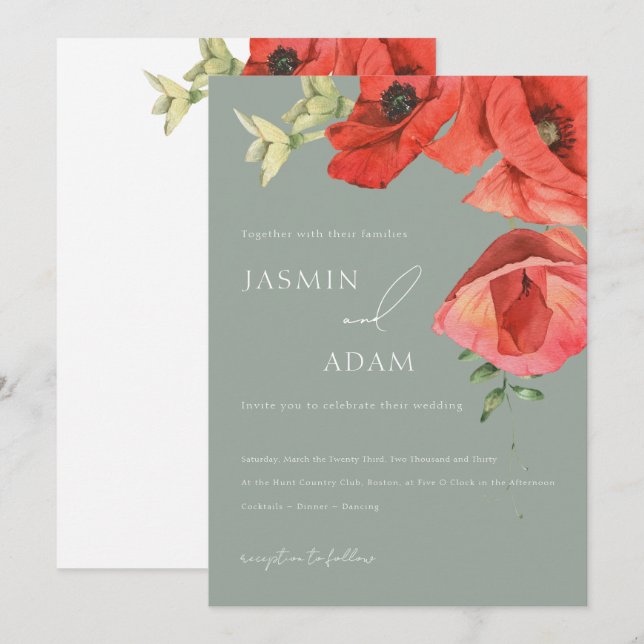 Sage Green and Red Poppies Wedding Invitation (Front/Back)