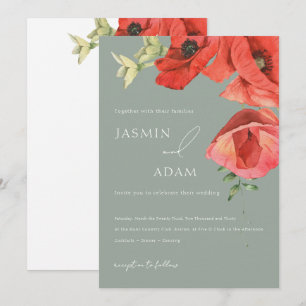 Sage Green and Red Poppies Wedding Invitation