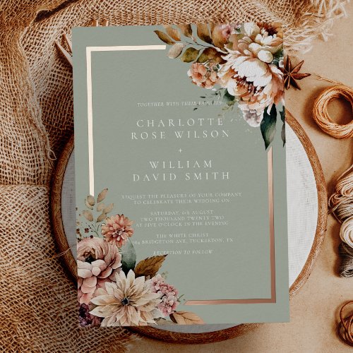 Sage Green and Rose Gold Elegant Flowers Wedding Foil Invitation