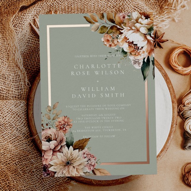 Sage Green and Rose Gold Elegant Flowers Wedding Foil Invitation (Creator Uploaded)