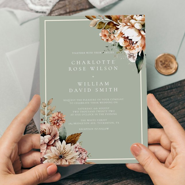 Sage Green and Rose Gold Elegant Flowers Wedding Invitation (Creator Uploaded)