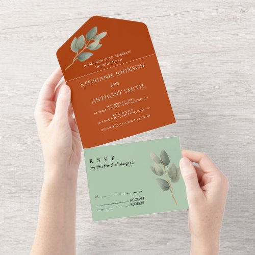 Sage Green and Rust Eucalyptus Modern Wedding  All In One Invitation