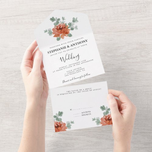 Sage Green and Rust Watercolor Floral Wedding All In One Invitation