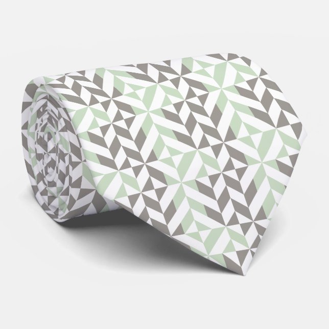 Sage Green and Silver Geometric Deco Cube Pattern Neck Tie (Rolled)