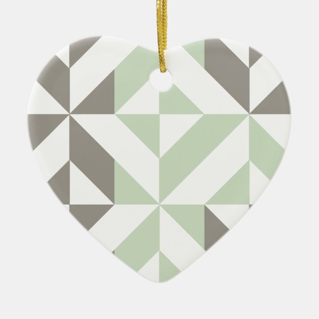 Sage Green and Silver Geometric ZigZag Ceramic Ornament (Front)