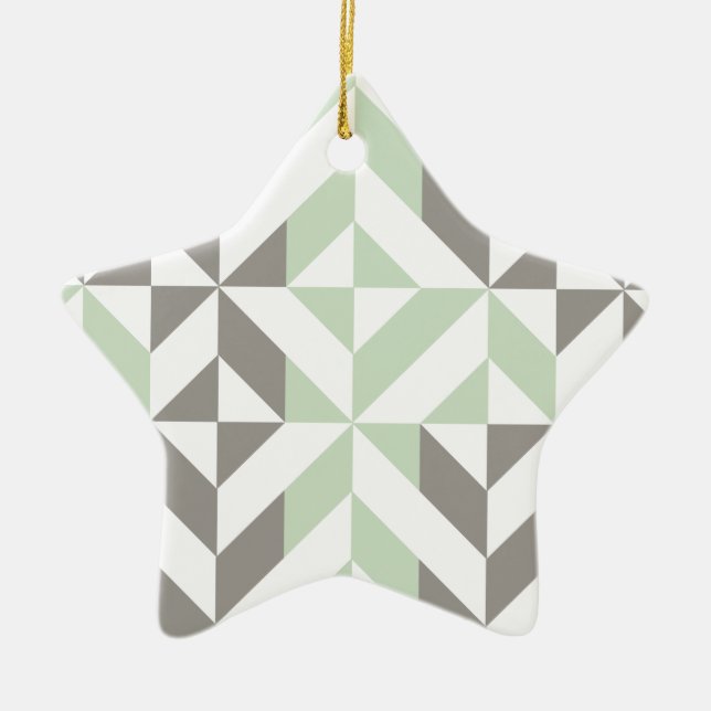 Sage Green and Silver Geometric ZigZag Ceramic Ornament (Front)