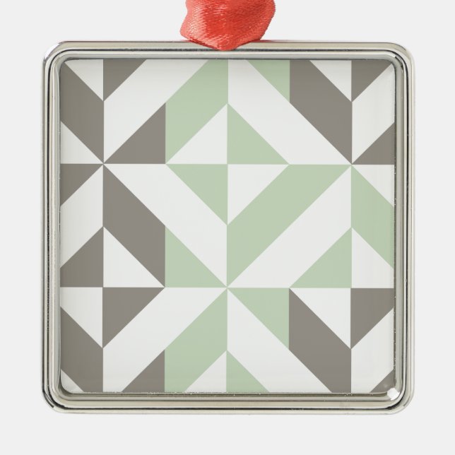 Sage Green and Silver Geometric ZigZag Metal Ornament (Front)