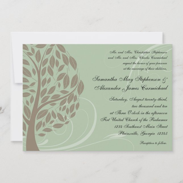 Sage Green and Soft Brown Stylized Eco Tree Invitation (Front)