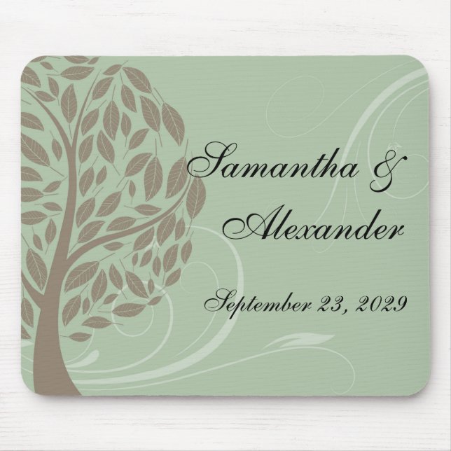 Sage Green and Soft Brown Stylized Eco Tree Mouse Pad (Front)