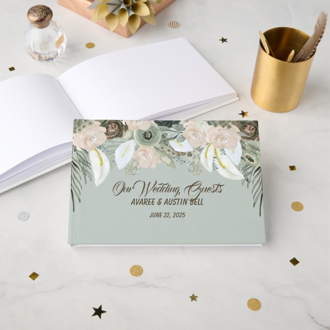 Sage Green and Vanilla Cream Wedding Guest Book (Front Open)