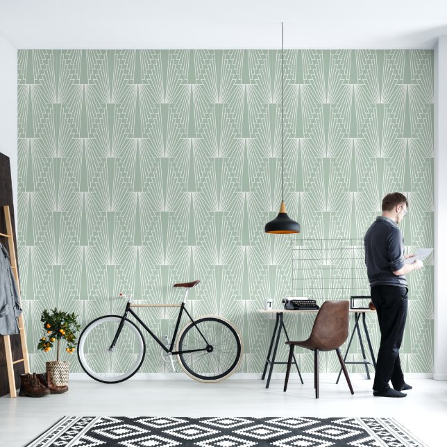 Sage green and white art deco pattern wallpaper  (Living Room)