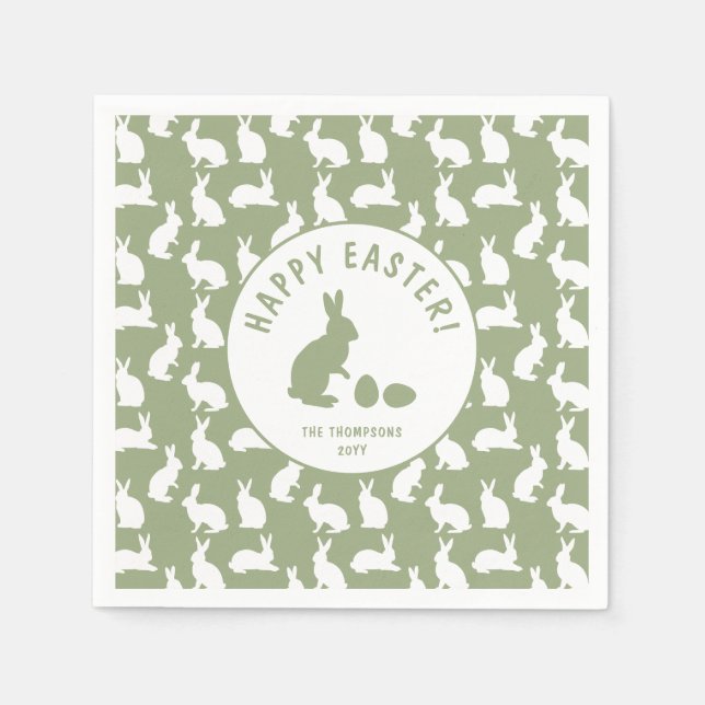 Sage Green And White Bunnies Happy Easter Napkins (Front)
