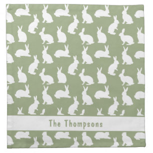 Sage Green And White Bunny Pattern And Name Easter Cloth Napkin