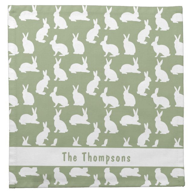 Sage Green And White Bunny Pattern And Name Easter Cloth Napkin (Front)
