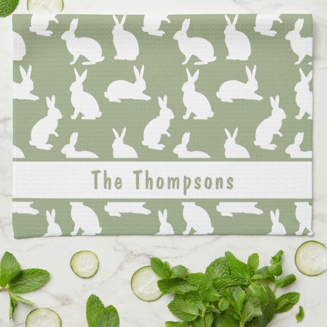 Sage Green And White Bunny Pattern And Name Easter Kitchen Towel (Folded)