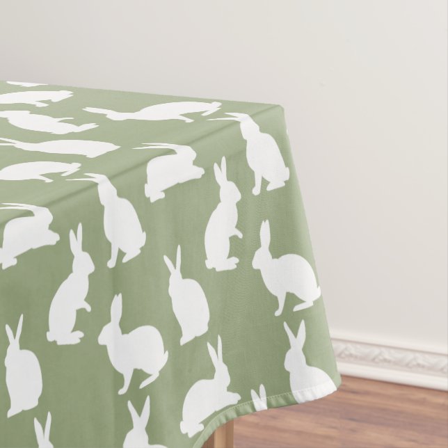 Sage Green And White Bunny Pattern Cute Easter Tablecloth (In Situ)