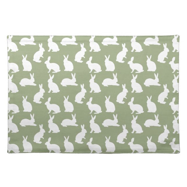 Sage Green And White Bunny Pattern Elegant Easter Cloth Placemat (Front)