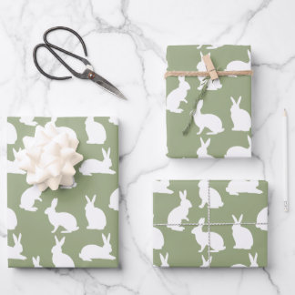 Sage Green And White Bunny Pattern Modern Easter Wrapping Paper Sheets