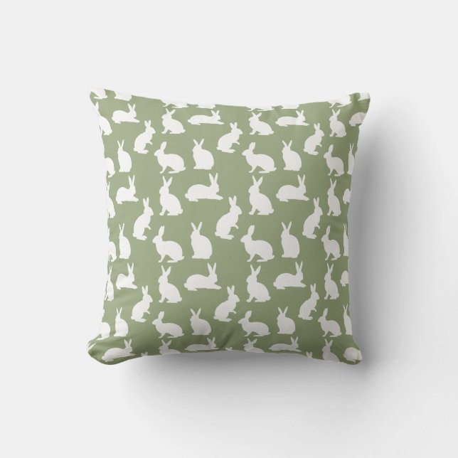Sage Green And White Bunny Rabbit Pattern Easter Throw Pillow (Front)