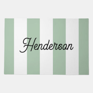 Sage Green and White Cabana Stripes Monogrammed Doormat